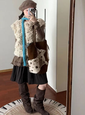 现货/糖炒栗子可爱韩系百搭马甲马夹羊羔毛背心上衣女秋冬款宽松