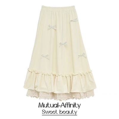 蝴蝶结大摆A字半身裙高腰显瘦松紧腰长裙蕾丝半身裙可爱秋冬百搭