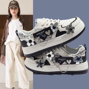 厚底板鞋 女孩鞋 子爆款 女童运动鞋 百搭黑白鞋 新款 休闲鞋 中大童春季