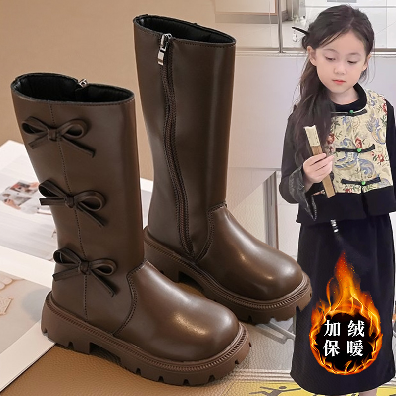 女童加绒韩系时尚洋气2025年冬款长筒靴软底舒适保暖棉靴百搭爆款