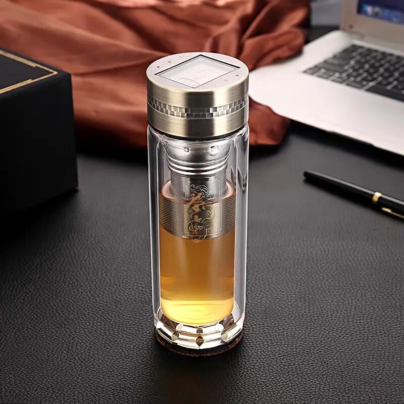 金力商务双层浮雕茶水分离玻璃杯