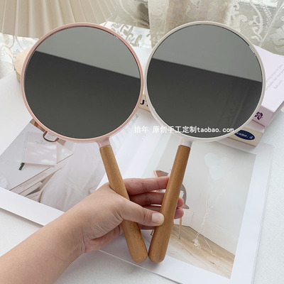 双面手柄镜一面正常一面放大木柄手持化妆镜高清加厚美容院补妆镜
