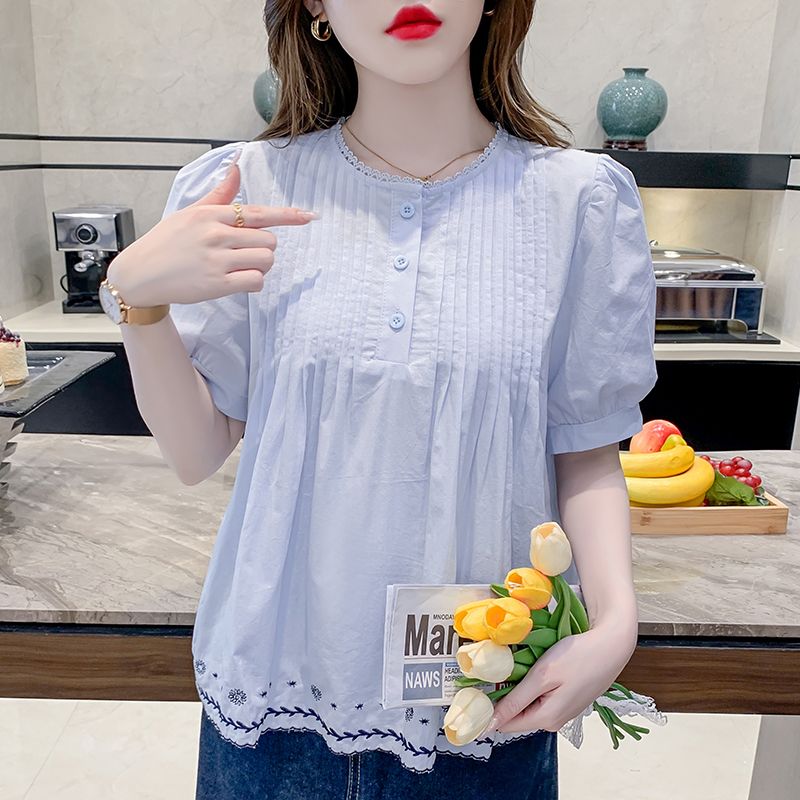 小清新短袖纯棉米色撞色花边刺绣设计感衬衫女2025夏季显瘦上衣女