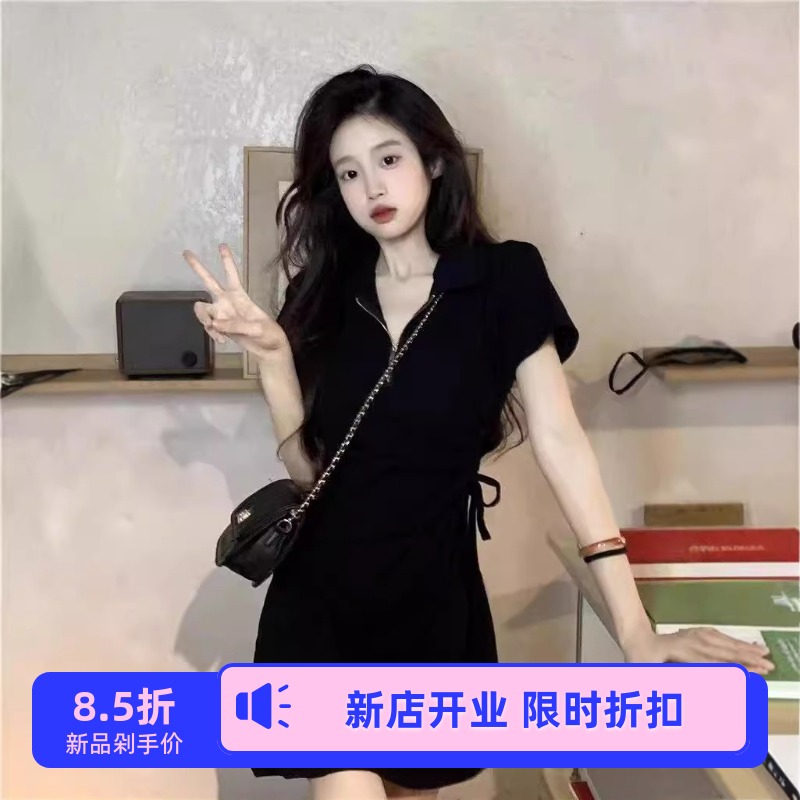 学院风Polo领连衣裙夏季抽绳收腰显瘦a字短裙法式纯欲风夏天中裙