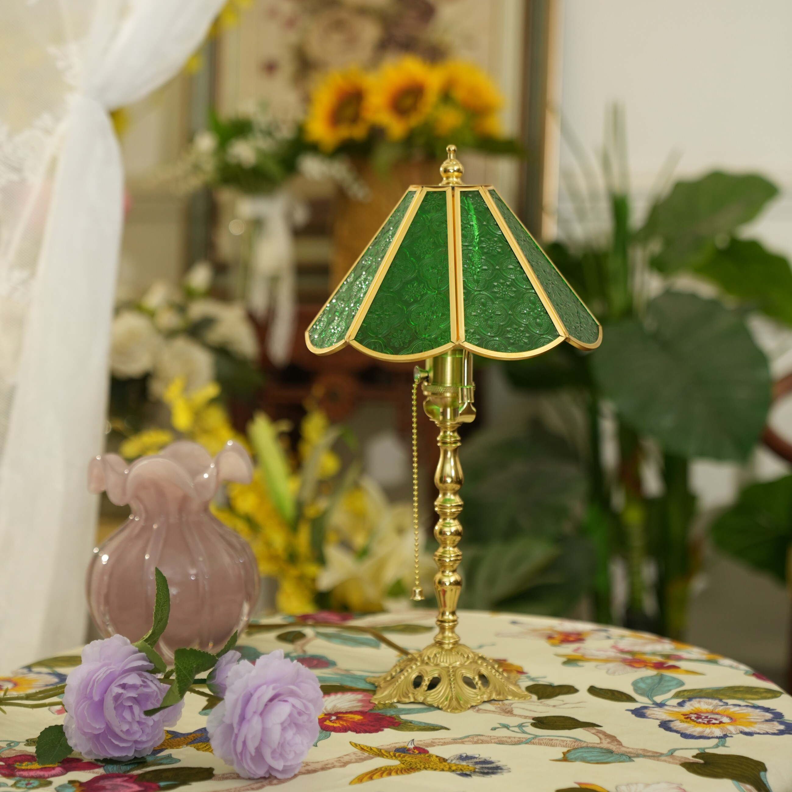 vintage复古海棠玻璃法式氛围卧室床头灯罩 黄铜蒂凡尼绿玻璃台灯
