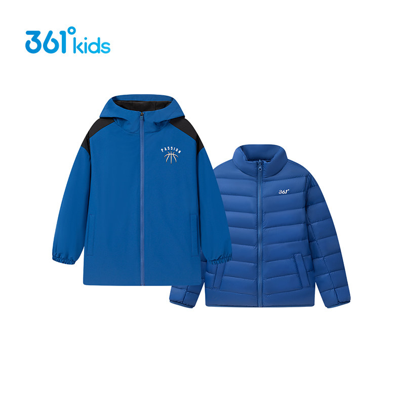 361度童装 男童中长款羽绒服两件套中大童儿童三合一防水连帽外套