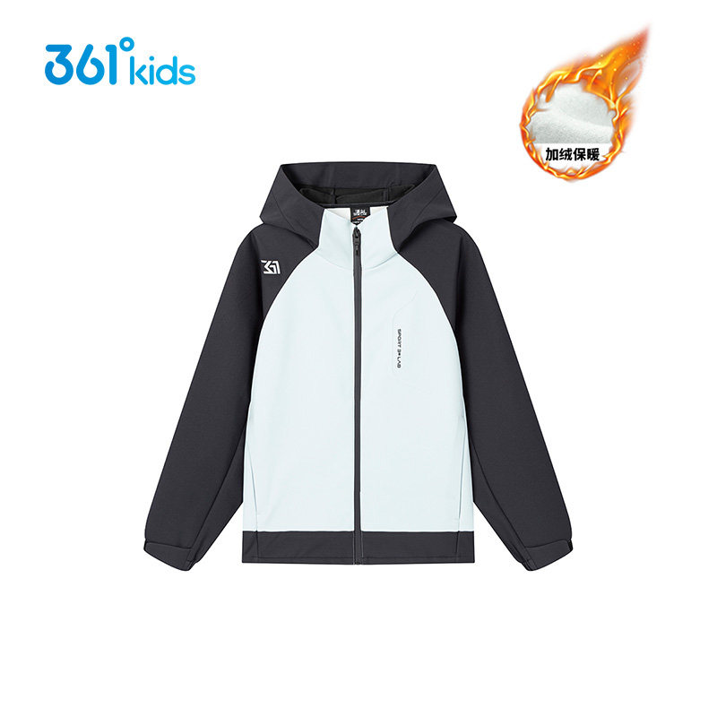 361度童装男童梭织加厚外套2026春季新款中大童儿童保暖连帽外套
