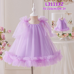 亚马逊新款周岁宝宝洗礼服婴幼儿网纱蝴蝶结蓬蓬礼服女童节日礼服