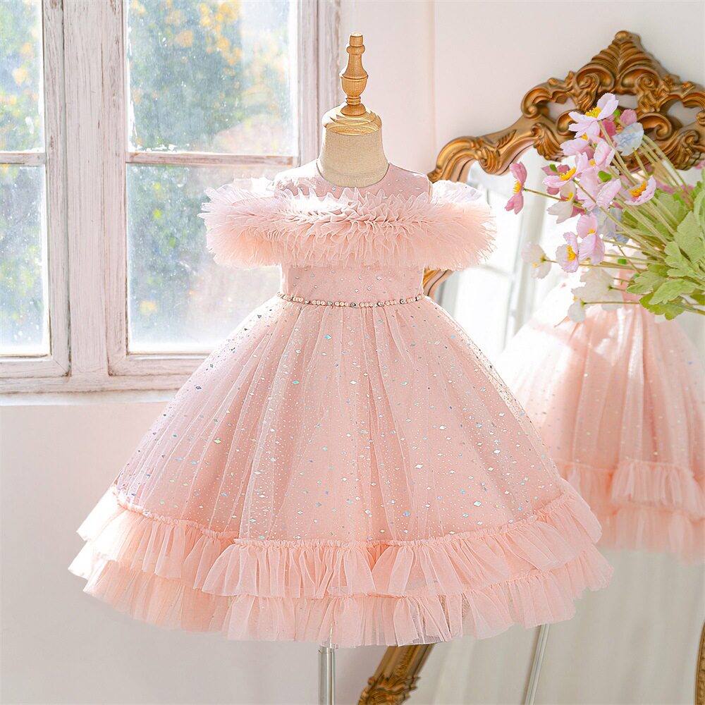 欧美新款女童蓬蓬礼服中大童一字肩串珠网纱洗礼服小主持人演出服