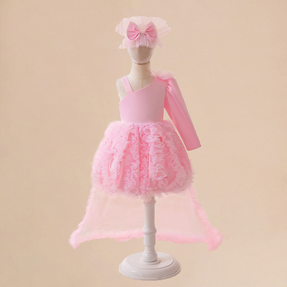 欧美女童长袖斜肩婚纱礼服中大童网纱蓬蓬燕尾裙小主持人走秀礼服