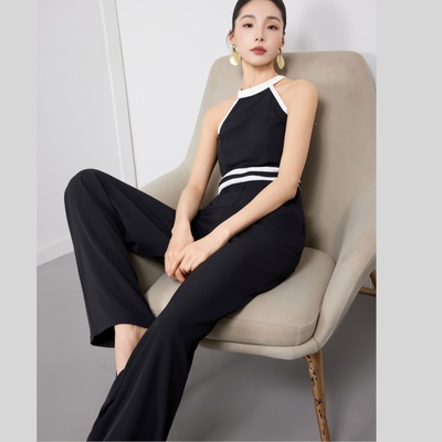 撞色圆领背心辣妹简约高端连体裤宽松阔腿裤垂坠感高级感长裤女夏