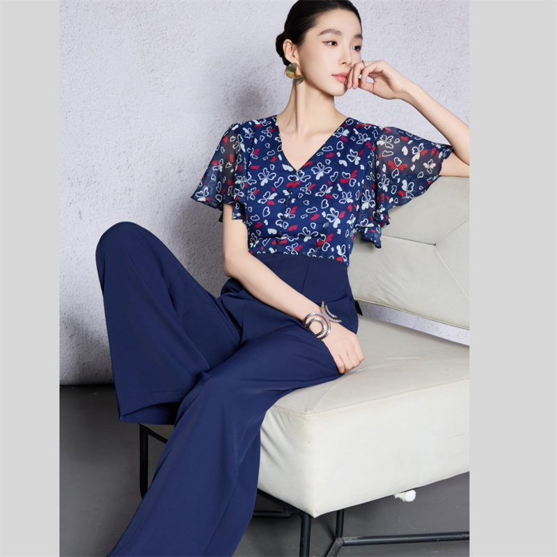 V领简约优雅扇形袖夏季新款连体裤 修身花色拼接高腰连身阔腿长裤