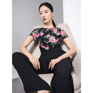 长裤 气质女神范连体裤 连身裤 花色拼接短袖 超瘦腰高腰百搭雪纺薄款