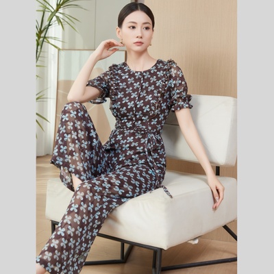 2025女夏新款 双层木耳边淑女风 花色短袖直通宽腿收腰连体裤长裤