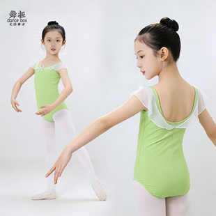 舞柜新款夏季儿童舞蹈练功服女童绿色锦纶短袖考级形体跳舞服蓬裙