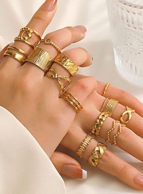 欧美ins风流行不锈钢几何开口戒指女气质流行宽面18K镀金戒指批发