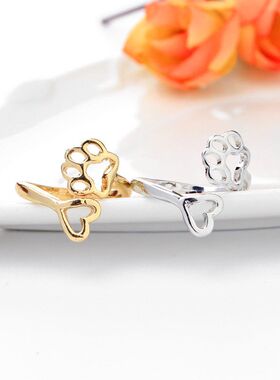 欧美简约爱心狗爪戒指 镂空狗爪开口戒尾戒女