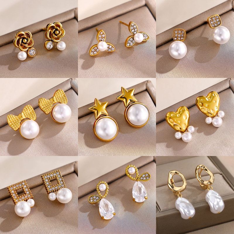 跨境复古珍珠气质耳环不锈钢18K镀金镶钻贝母爱心蝴蝶结耳饰货源