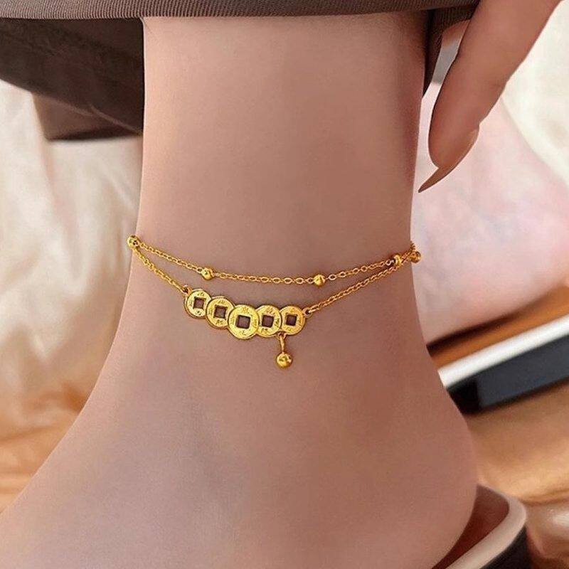 民族风钛钢不掉色平安好运五帝钱招财铜钱币运珠双层网红闺蜜脚链