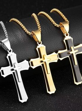 欧美饰品不锈钢十字架项链吊坠外贸钛钢不掉色项链三层立体
