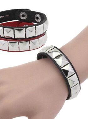 跨境热销经典四方铆钉手环个性朋克PU皮革不锈钢按扣手带手链手镯