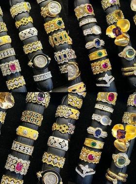 真金电镀菱形花朵纹路开口戒指欧美复古气质食指戒时尚百搭手饰女