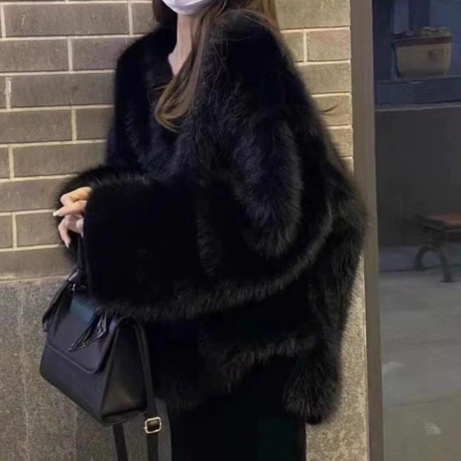 仿狐狸毛毛绒环保皮草外套女高级感毛茸茸2024秋冬新款黑色加厚