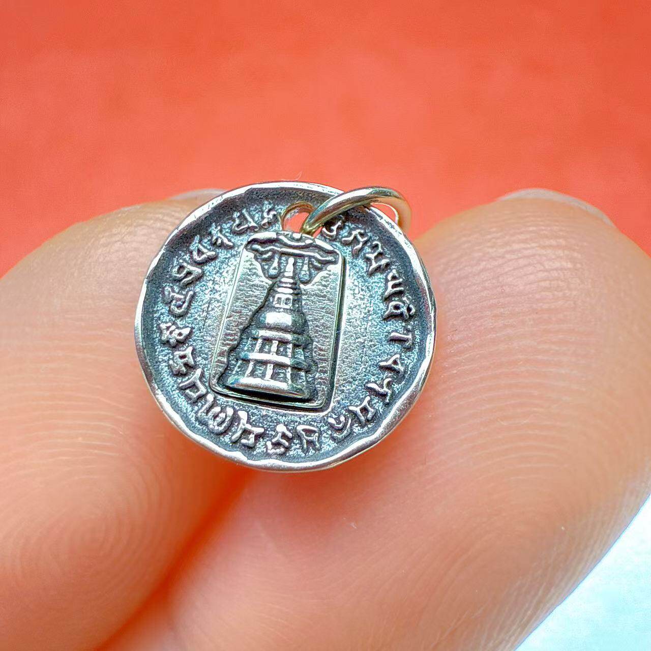 复古做旧古银佛塔圆牌吊坠 藏式文玩隔片挂坠 配饰DIY配件男女款