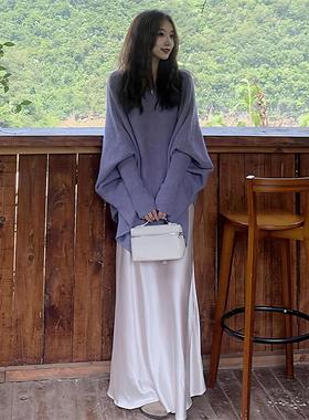 紫色一字肩斗篷毛衣女秋冬2025新款慵懒风宽松软糯蝙蝠袖针织上衣