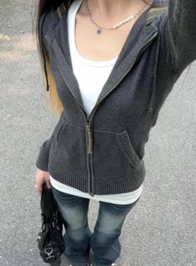 复古灰色连帽衫针织开衫女秋季拉链小个子修身毛衣外套设计感上衣