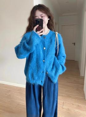 韩版高级感软糯克莱因蓝色针织开衫机能风辣妹长袖时尚毛衣外套女