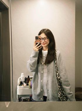 韩系早秋季复古灰色针织开衫毛衣女装宽松外搭慵懒风休闲外套上衣