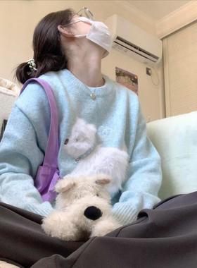 蓝色圆领植绒小狗毛衣女2025新款秋冬季学院风甜美减龄针织衫上衣