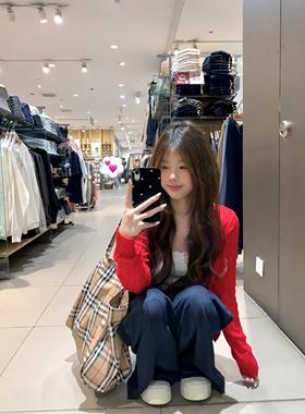 开春红色穿搭麻花毛衣针织开衫女韩系复古春秋季外搭上衣短款外套