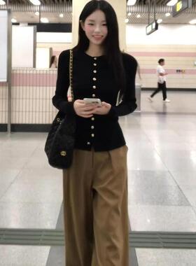 韩系黑色高级感长袖针织衫开衫女早秋季软糯修身显瘦内搭毛衣外套