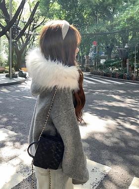 韩系高级感灰色大毛领连帽针织开衫毛衣女秋冬小个子宽松外套上衣
