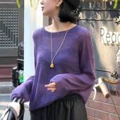 针织衫 秋季 大码 紫色套头圆领长袖 微胖mm女装 洋气宽松显瘦柔软上衣