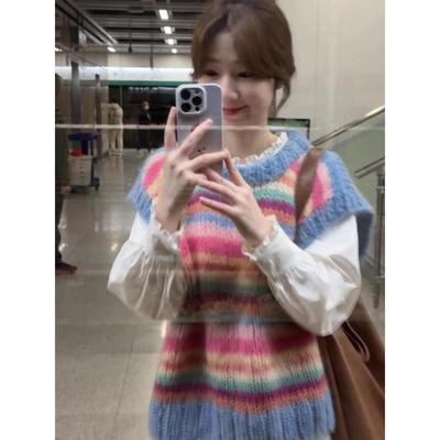 甜美彩虹条纹针织马甲女秋