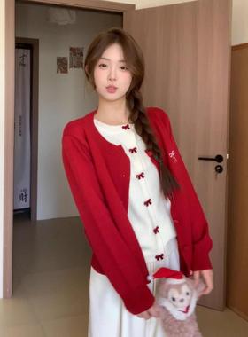 红色复古设计感假两件毛衣开衫女秋冬季减龄蝴蝶结刺绣针织衫上衣