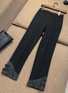 新中式国风盘扣裤脚复古直筒休闲裤女士2025春季松紧腰黑色九分裤