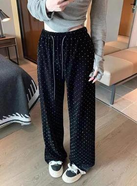 金丝绒重工烫钻波点休闲阔腿裤女士春季抽绳松紧腰百搭黑色长裤子