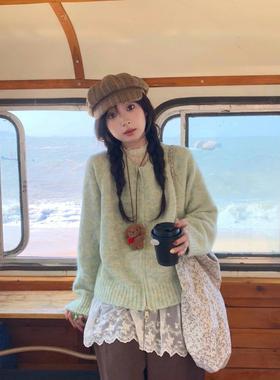 绿色毛衣外套女款2025新款春秋韩系独特超好看慵懒风宽松针织开衫