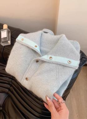 软蓝色翻领毛衣外套女秋冬季加厚慵懒软糯高领暗扣开衫针织衫上衣