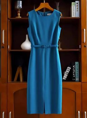 法式质感蓝色无袖连衣裙夏装新款大码前开叉气质收腰背心包臀裙子