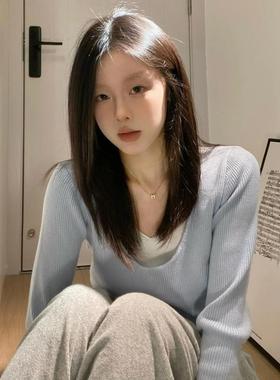 假两件蓝色v领长袖针织衫女秋冬春季薄款内搭打底衫毛衣针织上衣