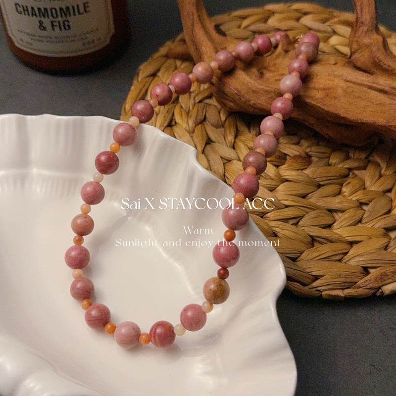 复古淡粉色珠子串珠项链女士锁骨链法式中古北欧风毛衣链