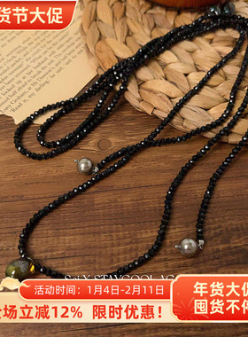 欧美复古风ins人工水晶3mm黑色琉璃长款女士项链多项圈叠戴134cm