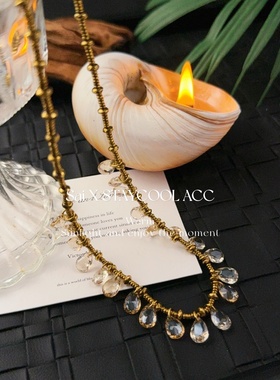 复古埃及做旧透明琉璃流苏吊坠满天星项链女士高级感锁骨链42cm