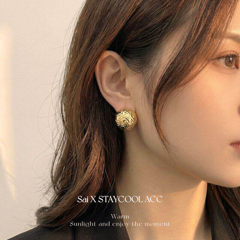 圆形超闪球金属球复古耳钉女士个性耳环高级感轻奢华丽感耳饰