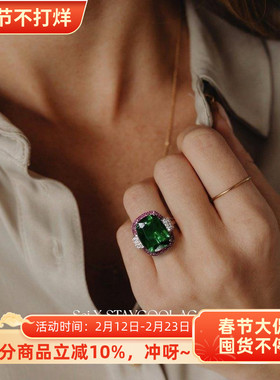 方形绿色锆石满钻女士戒指高级感法式复古指环